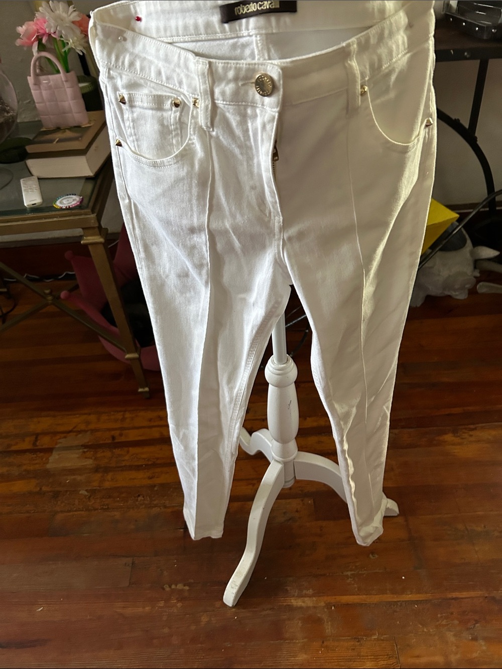 Roberto Cavalli White Jeans with Gold-Tone Accents